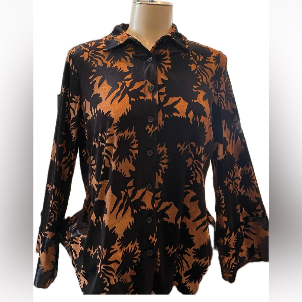 Beautiful, black velvet, embossed button down with Extra Wide Cuff .